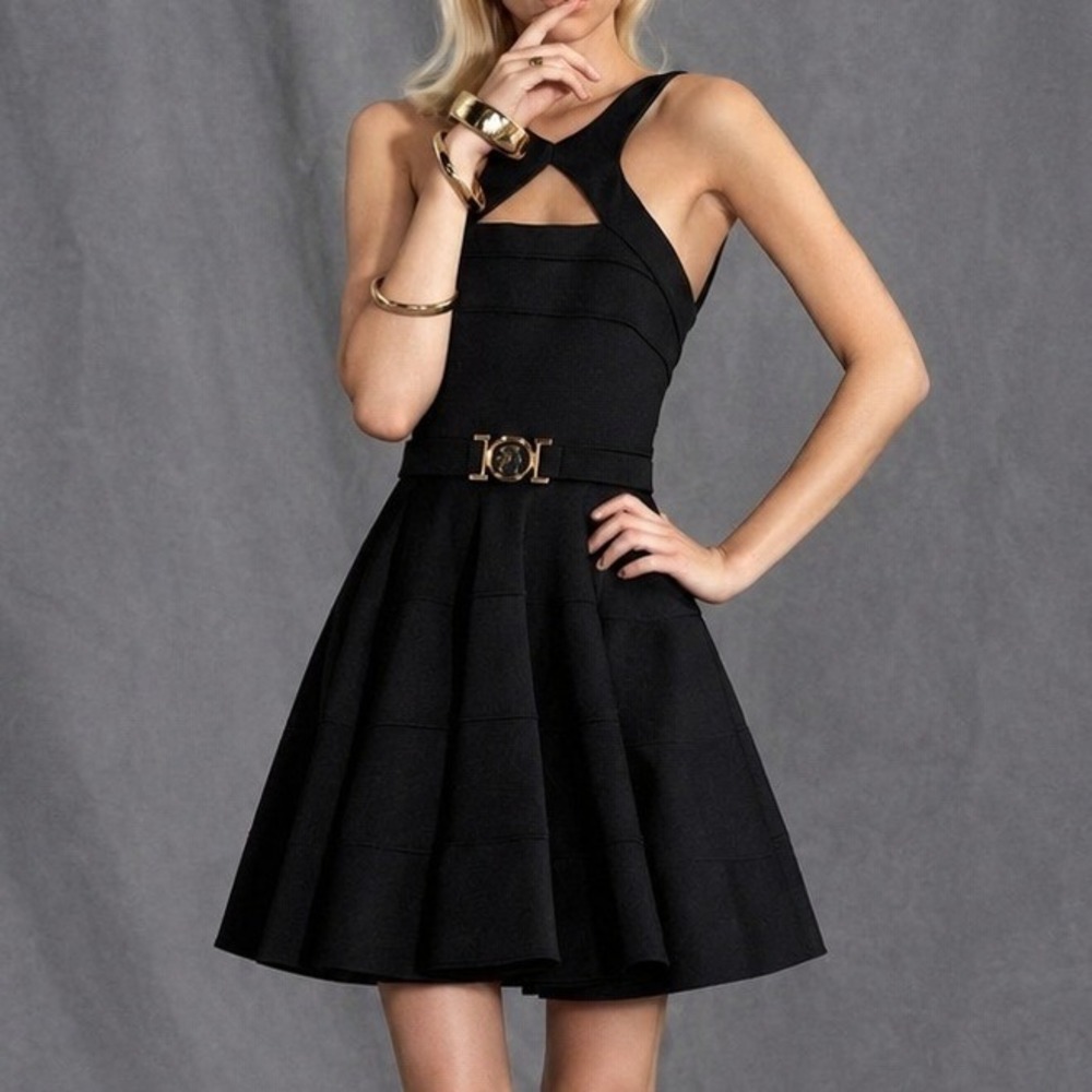 Versace Collection Black Fit Flare Cocktail Belted Dress Cutout Size 44